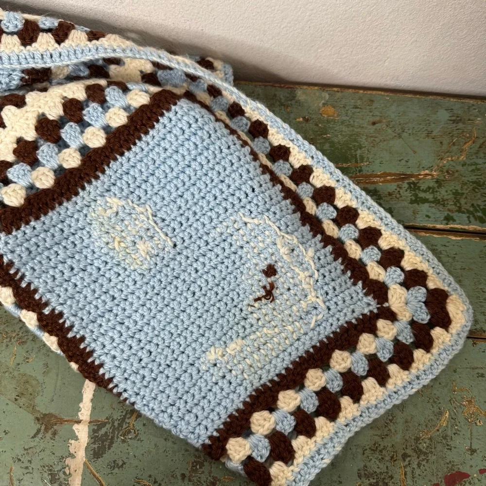 Handmade Granny Square Crochet Baby Blanket Afghan Moon & Stars Blue 40 x 57.5”